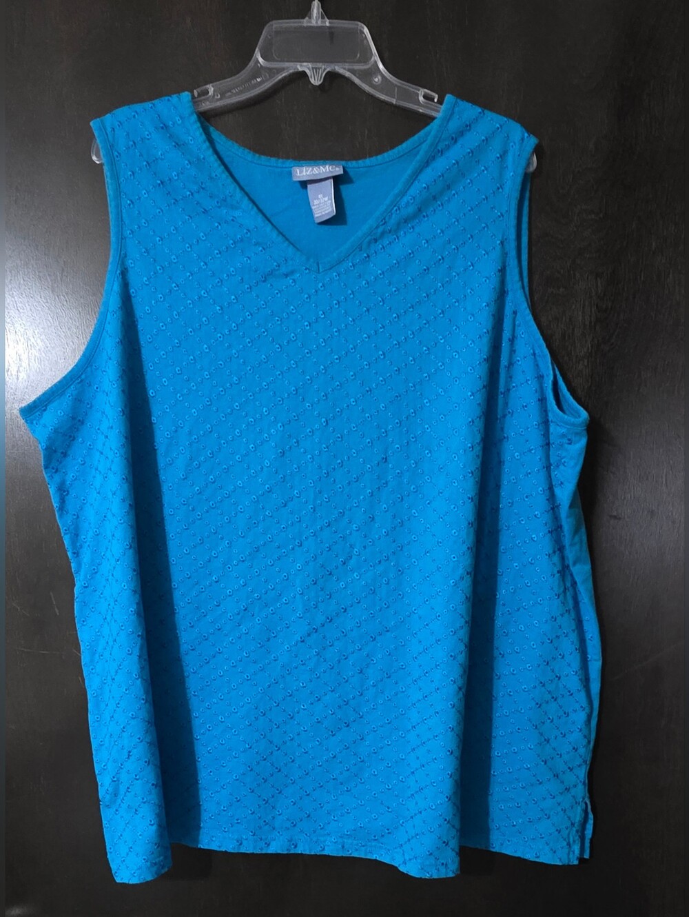 💢4For$20 Liz & Me Bright Turquoise Eyelet V-Neck Tank Solid Knit Back Size 4X